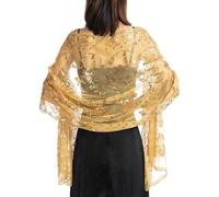 MANJIAMEI Women's Flower Heart Sequin Shawls and Wraps for Evening Dresses, Elegant Embroidered Sparkly Long Scarf Sheer Mesh Wedding Stole for Bridal Ladies Cocktail Parties Proms, Gold