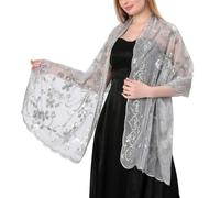 MANJIAMEI Women's Flower Heart Sequin Shawls and Wraps for Evening Dresses, Elegant Embroidered Sparkly Long Scarf Sheer Mesh Wedding Stole for Bridal Ladies Cocktail Parties Proms, Silver
