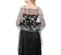 MANJIAMEI Women's Flower Heart Sequin Shawls and Wraps for Evening Dresses, Elegant Embroidered Sparkly Long Scarf Sheer Mesh Wedding Stole for Bridal Ladies Cocktail Parties Proms, Black Silver