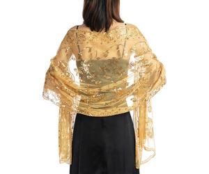 MANJIAMEI Women's Flower Heart Sequin Shawls and Wraps for Evening Dresses, Elegant Embroidered Sparkly Long Scarf Sheer Mesh Wedding Stole for Bridal Ladies Cocktail Parties Proms, Gold