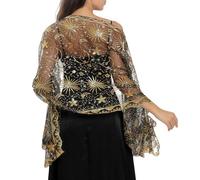 MANJIAMEI Women's Sequin Shawls and Wraps for Evening Dresses, Elegant Embroidered Sparkly Stars Moons Long Scarf Sheer Mesh Wedding Stole for Bridal Ladies Cocktail Parties Proms, Black Gold