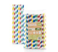 Mank Jumbo Paper Straws, 150 Count, Yellow, Red, Green, Blue Stripes, 8 mm Diameter, 25 cm Length, Eco-Friendly, Break Resistant, Perfect for Parties & Weddings