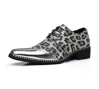 MANLADUO Men’s Business Dress Shoes Pointed Toe British Style Fashion Leopard Patchwork Party Shoes, Silver, 9.5