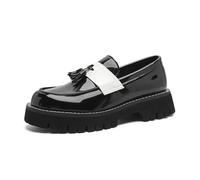 MANLADUO Men’s Chunky Loafer Leather Shoes British Style Retro Patent Slip-On Casual Work Dress Shoes, Black, 12