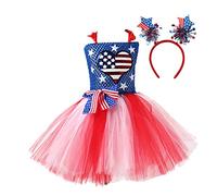 MaNMaNing Baby Girl Dress Toddler Kids Girls Fourth of July Independent Day Costume Girls Historical Party Tulle Dress Hairband Princess Outfits (Red, 10-12 Years)