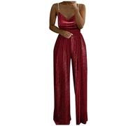 MaNMaNing Petite Jumpsuits for Women Womens Casual Solid Color Two Pearl Strap Sweetheart V Neck High Waist Tube Jumpsuit Pants Summer Dressy Rompers Jumpsuit (Red, L)