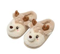 MaNMaNing Women's Christmas Slippers Novelty 3D Deer Winter Fluffy Closed Toe Warm Comfortable Indoor Home Slides for Women (Khaki, 5-6)