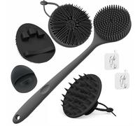 Manmihealth Silicone Back Scrubber & Soft Bath Glove, Silicone Scalp Massager Set 5 PCS, Super-Exfoliating Body Scrubber Shower Brush & Shampoo Brush Combination, with 2 Free Hooks (Style 1 Black)