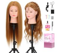 Mannequin Head with 80% Human Hair 26-28’’,Cosmetology Mannequin Practice Head with Human Hair, Doll Head for Braiding Hairstyling Cutting with Clamp Holder and Tools