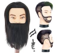 Mannequin Head with Human Hair 30cm Barber Mannequin Head Practice Male Hairstyle 100% Mannequin Head Doll Head for Barber Cutting Styling with Clamp Stand (Black Beard)