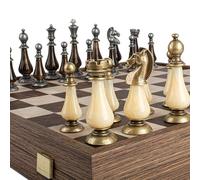 Manopoulos 50cm Leather Chessboard with Pewter & Pearl Chess Pieces, King 10cm, Made in Greece, Walnut Veneer, Adults 14+