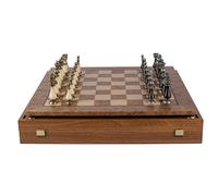 Manopoulos 50cm Walnut Burl & Oak Chessboard with Brass & Pewter Finished Chess Pieces, King 10cm, Made in Greece, Walnut Veneer, Adults 14+