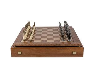 Manopoulos 50cm Walnut Burl & Oak Chessboard with Brass & Pewter Finished Chess Pieces, King 10cm, Made in Greece, Walnut Veneer, Adults 14+