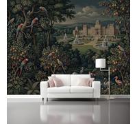 Manor Fountain Vintage Decoration Photo Mural 400 x 280 cm | Classical Fruit Trees Parrot Non-woven Wallpaper for wall surfaces in various rooms Dark Green Wall Mural
