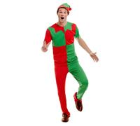 Mans Red & Green Elf Costume L XL Christmas Fancy Dress Santas Helper Elves
