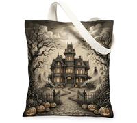 Mansion Canvas Tote Bag, Gothic Spooky Ghosts Trees Halloween Black Everyday Tote Bag 13x15 Inch, Black, 13x15 Inch