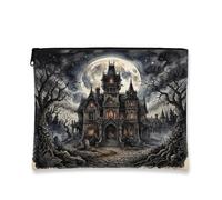 Mansion Canvas with Zipper, Gothic Spooky Moon Trees Halloween Black Canvas with Zipper Cosmetic Pouch for Travel, Bathroom, Vanity, Purse Storage and Gifts, Black, 7x9 Inch, Gothic