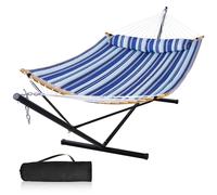 Mansion Home Yard Hammock with Stand,12 Ft 2 Person Hammocks, Heavy Duty 450 lbs, Hammock Freestanding with Curved Spreader Bar, Large Hammocks for Outside with Pillow & Portable Bag, Blue Stripes