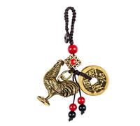 Mansiyuyee Brass Chinese Zodiac Rooster Statue Keychain with 5 Feng Shui Coins, Zodiac Animal Charm Lucky Rooster Key Ring