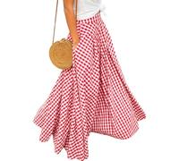Mansy Women's Plaid Maxi Skirt-Elastic High Waist A Line Gingham Skirt,Pleated Flared Summer Casual Swing Long Skirt, Red, L