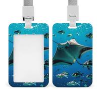 Manta Ray and Fishes Badge Holder with Lanyards Retractable Vertical Plastic Id Badge Holder Name Key Card Holders Case for Teacher Nurse Doctor Office Gift for Coworkers