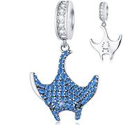 Manta Ray Charms with Sapphire Blue CZ, Fit Pandora Ocean Animal Bracelet, Devil Fish Pendant Tropical Marine Life Beads, Gift for Sister/Mom/Friends