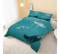 Manta Ray Coverless Duvet Single 7.5 Tog Summer Marine Life Supersoft Cosy Lightweight Quilt, Blue Black Machine Washable & Quick Drying, All in One Reversible Comforter R&187
