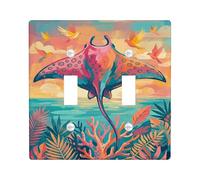 Manta Ray Double Light Switch Cover Plate, Tropical Vibrant Birds Coral Summer Teal Plastic Standard Size Toggle Light Switch Cover for Bedroom Bathroom Kitchen Entrance Decor