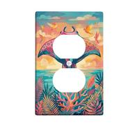 Manta Ray Duplex Outlet Covers Wall Plate, Tropical Vibrant Birds Coral Summer Teal Plastic Standard Size Decorative Receptacle Outlet Covers for Home Living Room New Apartment Decor