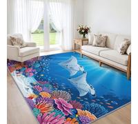 Manta Ray Kids Bedroom Machine Washable Rug for Living Room | Soft Non-Shedding Low Pile Rug Marine Sea Life, Anti-Slip Carpet for Bedroom, Dining Room and Home Office 60x90cm