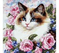 mantianhome Animal Cross Stitch Cushion Kit, Ragdoll Cat and Flowers, 11CT Cross Stitch Pillowcase Kit DIY, 45x45 cm