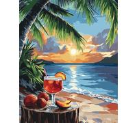 mantianhome Tropical Landscape Cross Stitch Embroidery Kit, Afternoon Tea at The Seaside, Cross Stitch Stamp Kit Adult Cross Stitch Set,-40X50CM