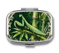 Mantis Bamboo Leaf Pill Box 2 Compartments Portable Travel Pill Case Mini Medicine Organizer for Pocket Purse Metal Waterproof Medicine Container Holder Vitamin Fish Oil