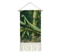 Mantis Bamboo Leaf Poster Hanger Frame, Long Vertical Wall Hanging Vintage Tapestry with Tassel, Room Decor, Hanging Cotton Linen Framed Wall Art Decor for Home, 10x19.6 Inch