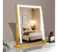 MantoLite 52 cm Square Touch Switch Table Mirror, Gold LED Makeup Mirror, Dimmable 3 Colour Modes for Bedroom
