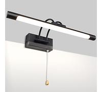 MantoLite Modern LED Bathroom Mirror Light with Pull Cord 40CM Black Picture Light with Swivel Lamp Head for Hotel Restaurant IP44 Bathroom Wall Light Arc Arm 3000K Warm White