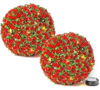MantraRaj 2 X 28CM Solar Powered Topiary Ball 20 LED Flower Lights Dual Function Garden Sphere Great For Outdoor Decorations For Wedding Artificial Plant Backyard Balcony Garden Decor (2, Red)
