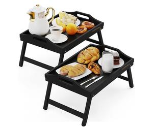MANTRARAJ 2PK Bamboo Bed Tray Table with Foldable Legs & Handles Breakfast Tray in Black MANTRARAJ Black