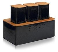 Mantraraj 4 Pcs Kitchen Storage Set Breadbin With 3 Canisters & Bamboo Lids Coffee Tea Sugar Organizer