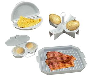 MantraRaj 4 Piece Microwave Cooking Breakfast Set Cooking 4Pcs Set Egg Poacher Bacon Potato Omelette Maker BPa Free Plastic Dishwasher Safe Compact Design