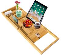 Mantraraj Bamboo Bath Caddy Bath Tray With Extending Sides Built In Book Tablet Ipad Holder