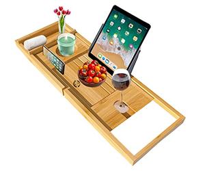 MantraRaj Bamboo Bath Caddy Bath Tray with Extending Sides Built in Book Tablet iPad Holder Cellphone Soap Tray & Wineglass Holder Bath Bridge Wood Bathtub Rack Bath Shelf Board Spa Organizer