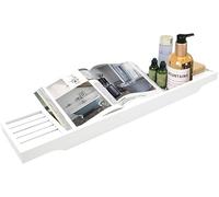 MantraRaj Bamboo Bath Caddy Tray Bridge Bath Tray Wooden Bathtub Tray Rack Caddy Tidy Bathroom Shelf Organizer Storage Bath Table for Reading Tablet, Wine Glass Bath Accessories (White)