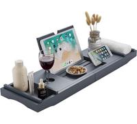 MantraRaj Bamboo Bath Tray Grey - Extendable Bath Caddy Trays for Bathtub Accessories with Tablet Phone Slots, Candle Mug/Cup Holder, Bathroom Organiser, Bath Trays For Across The Bath