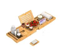 MantraRaj Bamboo Bath Tray - Extendable Bath Caddy Trays for Bathtub Accessories with Tablet Phone Slots, Candle Mug/Cup Holder, Bathroom Organiser, Bath trays for across the bath with Soap Holder