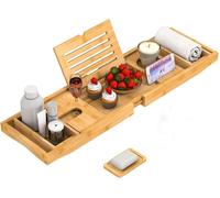 MANTRARAJ Bamboo Bath Tray Extendable Bath Caddy Trays for Bathtub Accessories with Tablet Slots Candle Cup Holder - Bamboo - 1 - Brown
