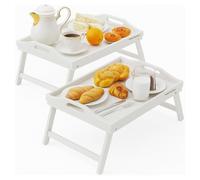 Mantraraj Bamboo Bed Tray Table Pack Of 2 With Foldable Legs And Handles Breakfast Tray (White)