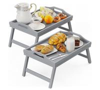 Mantraraj Bamboo Bed Tray Table Pack Of 2 With Foldable Legs And Handles Breakfast Tray for Sofa, Bed, Eating, Platters, Working, Serving, Drawing, Laptop Stand, Wooden Snack Tray (Grey)