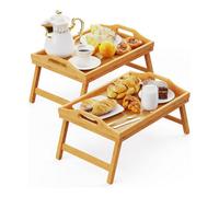 MANTRARAJ Bamboo Bed Tray Table Pack Of 2 With Foldable Legs & Handles Breakfast Tray in Natural | Size: 2 Pack MANTRARAJ Natural 2 Pack