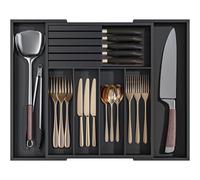 MantraRaj Bamboo Cutlery Drawer Organiser With Knife Block | Expandable Cutlery Tray for Kitchen Drawers 5-7 Large Compartments Utensil Holder Storage for Spoons Forks Knives (Black)